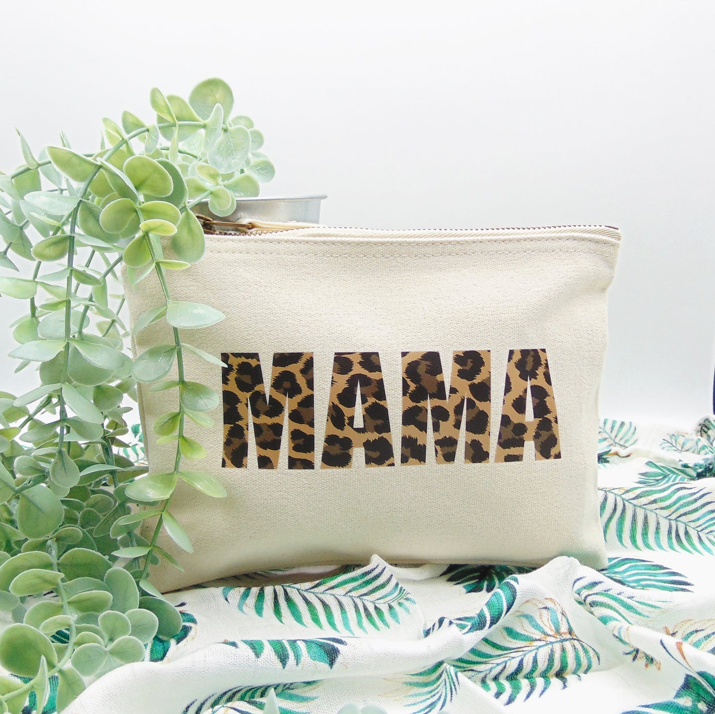 Natural "Mama" Leopard Print Zip Pouch