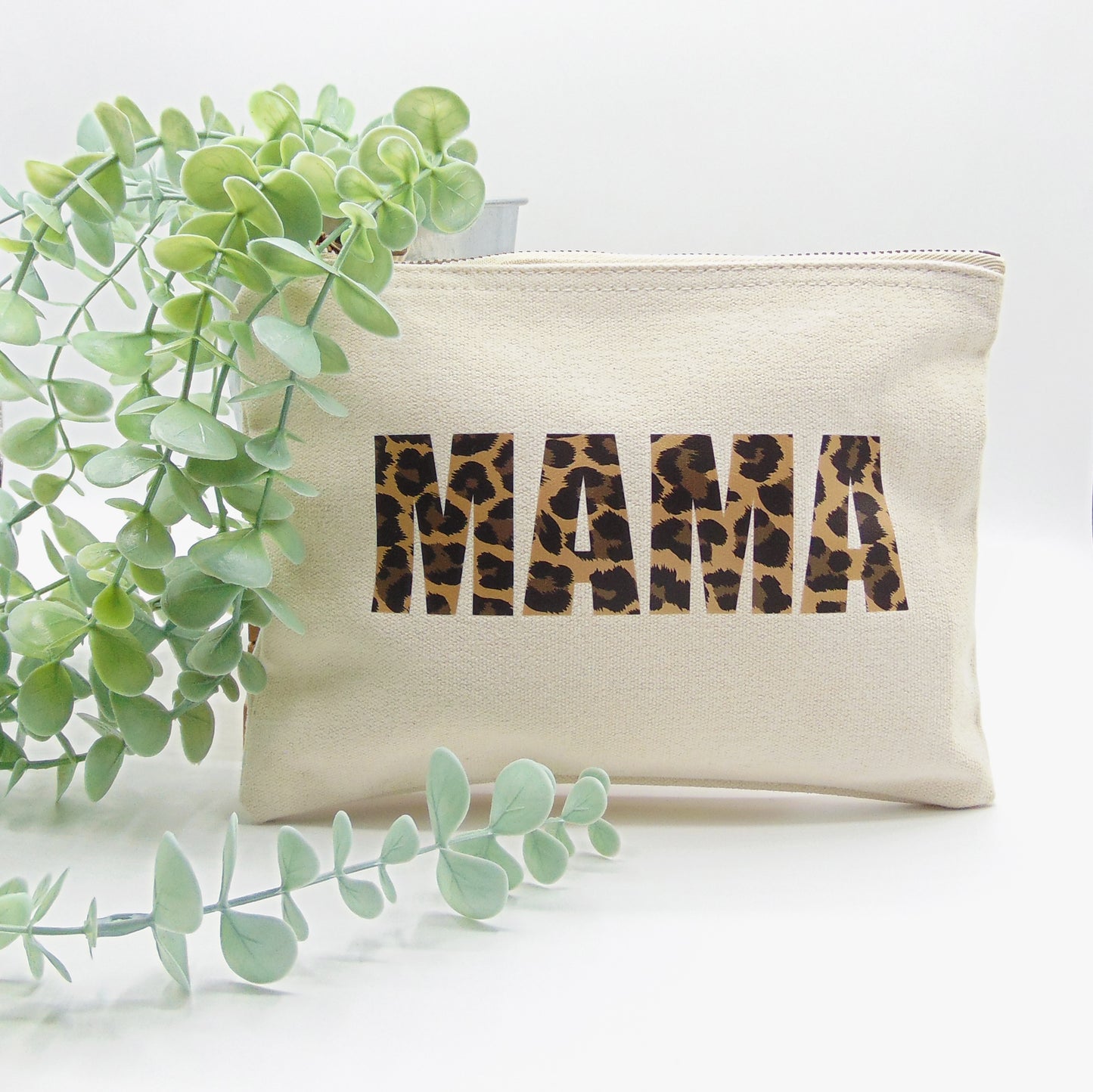 Natural "Mama" Leopard Print Zip Pouch