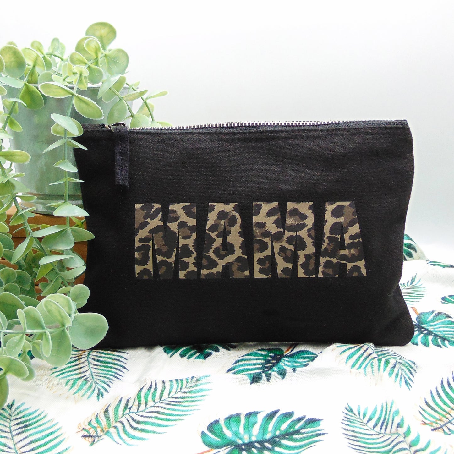 Black "Mama" Leopard Print Zip Pouch