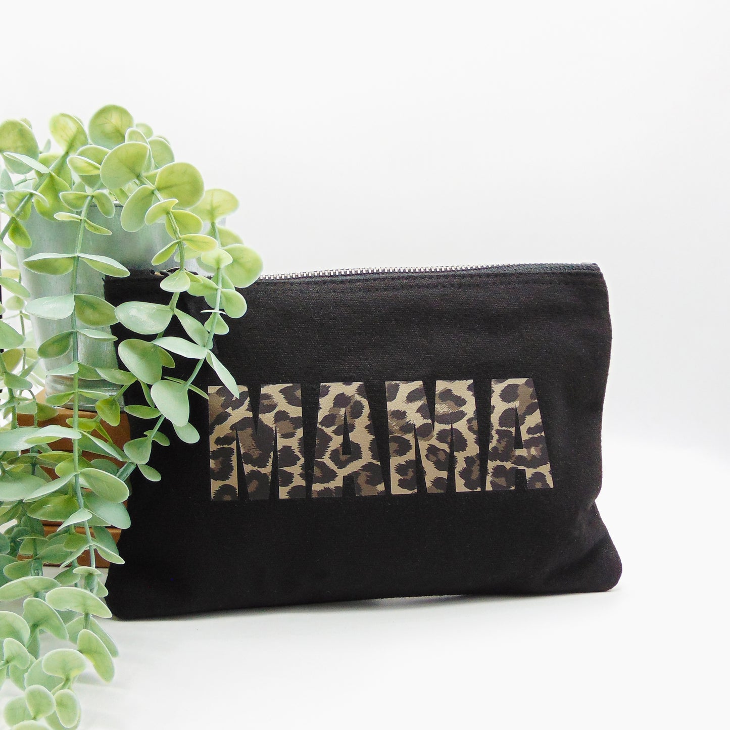 Black "Mama" Leopard Print Zip Pouch