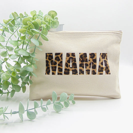 Natural "Mama" Leopard Print Zip Pouch
