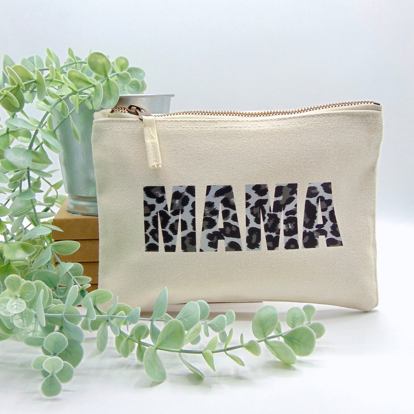 Natural "Mama" Leopard Print Zip Pouch