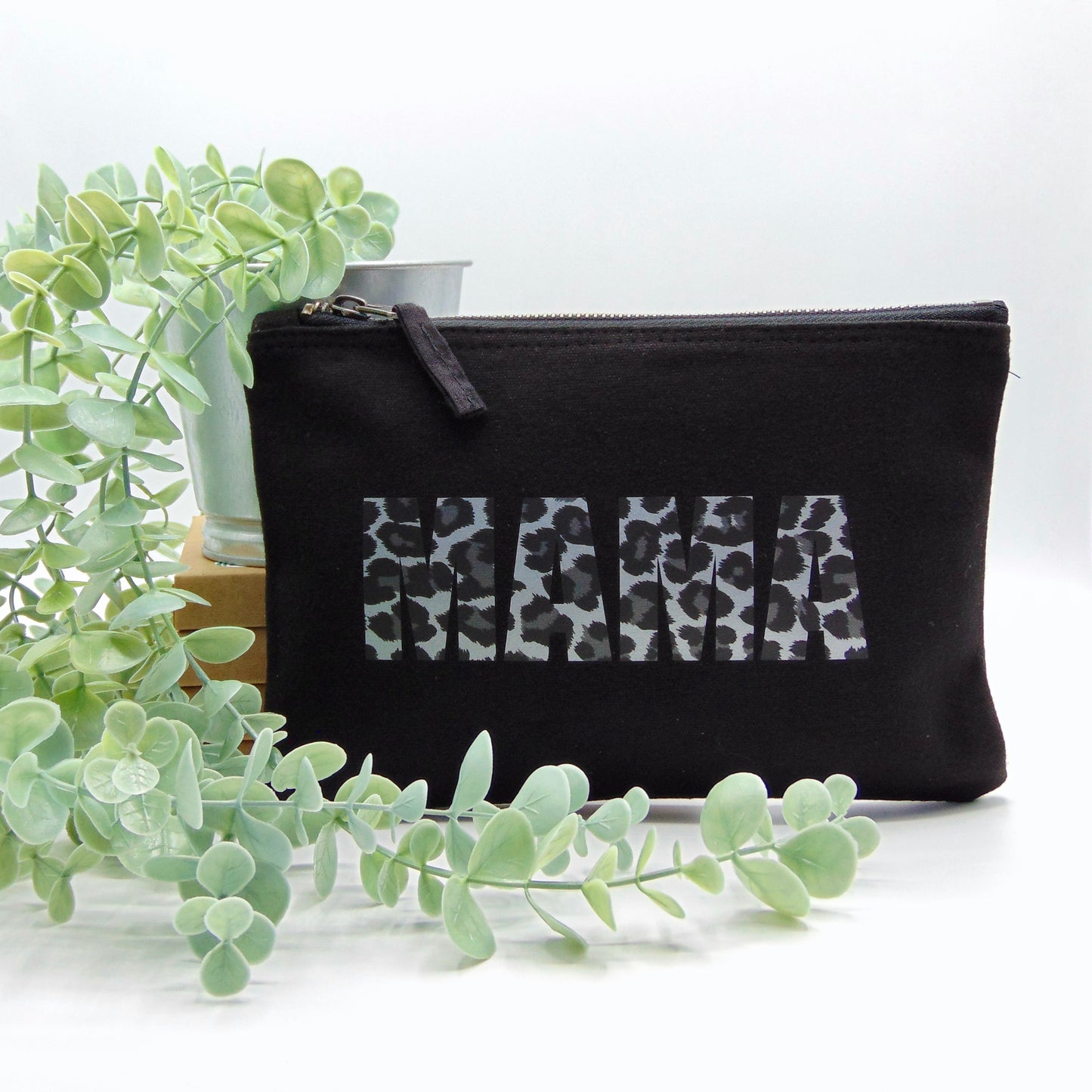 Black "Mama" Leopard Print Zip Pouch